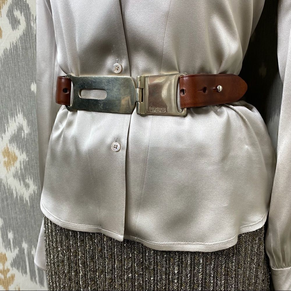 Ralph Lauren Anniversary Tan Bridle Hallmarked Silver-tone Hinged Buckle Belt